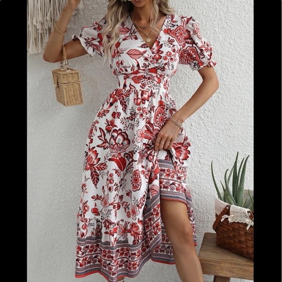 Boho Bohemian Gypsy Floral Print Puff Sleeve Surplice Neck Dress - Picture 5 of 7